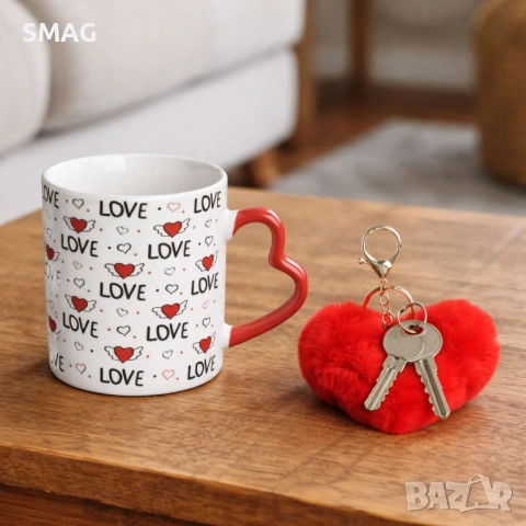Керамична чаша със сърце и ключодържател за Свети Валентин 350 мл_1251675