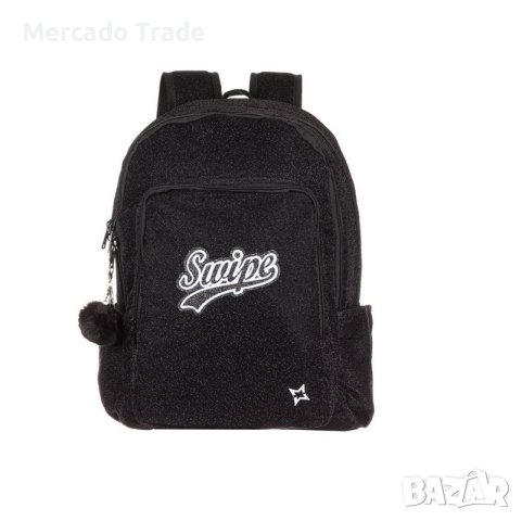 Ученическа раница Mercado Trade, За момичета, Черен блясък, С ключодържател Pon Pon