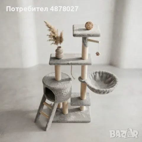 Котешка драскалка с къщичка, легло и платформи, 138 см, светлосива, снимка 3 - За котки - 55936987