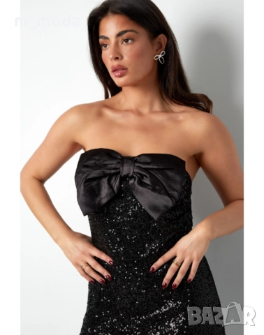 Дамска официална черна блестяща рокля с панделка