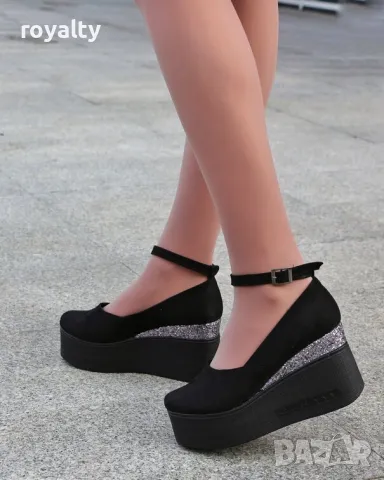 Обувки на платформа - черен велур и бронз брокат - 125K