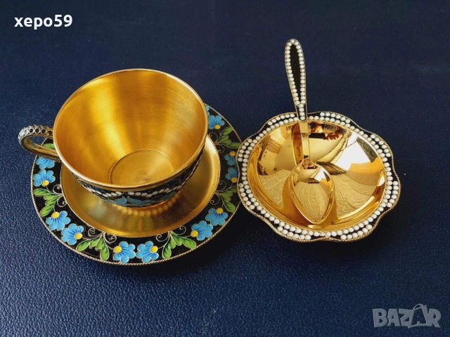 СССР-сребро 916-сребърни чаши с емайл позлата,сребърен сервиз, сребро,злато, снимка 5 - Сервизи - 52217778