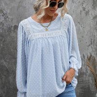 Дамска елегантна блуза в светлосиньо с принт на точки, снимка 2 - Блузи с дълъг ръкав и пуловери - 40148782