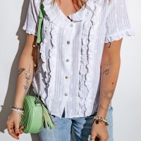 Дамска блуза в бяло с къс ръкав и къдрички, снимка 3 - Корсети, бюстиета, топове - 40828494