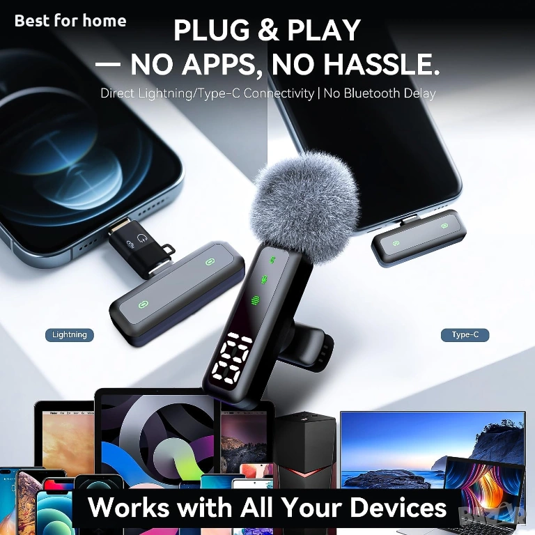 Безжичен микрофон брошка с LED дисплей – Shiny Black, 7 часа батерия, за iPhone (всички модели) и An, снимка 1