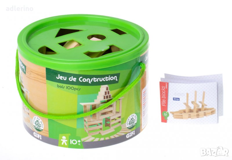 Дървени блокове в кофа, 100 елемента, игра Монтесори, в удобна кофа, снимка 1