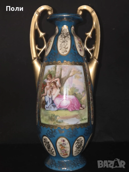 Антикварна ръчно декорирана френска порцеланова ваза, XIX век, снимка 1