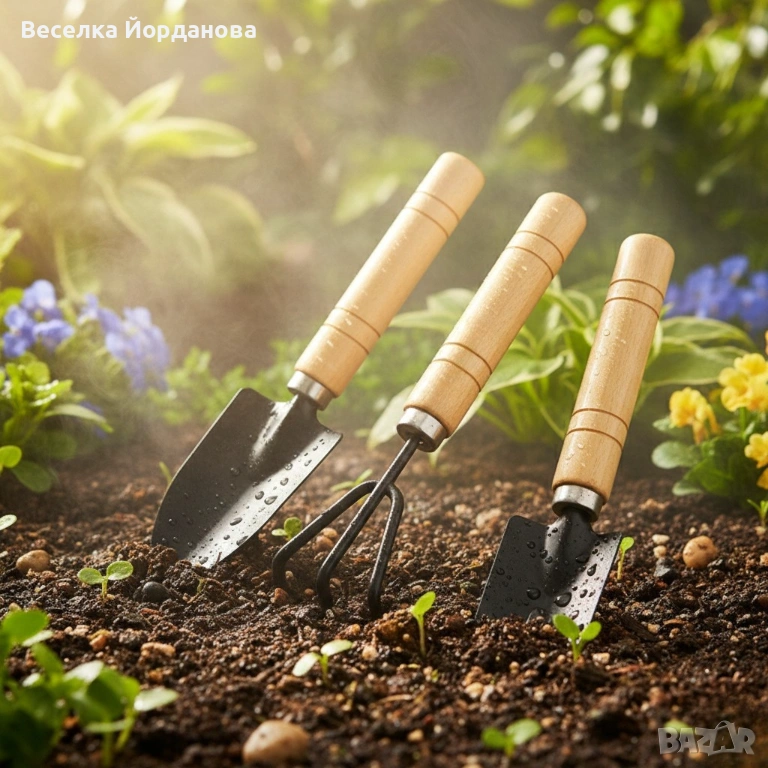 Комплект мини градински инструменти с дървени дръжки, снимка 1