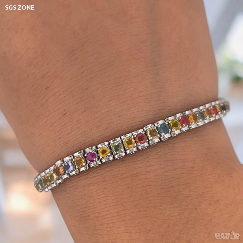 Сребърна гривна с родиево покритие и мултисапфир, снимка 1