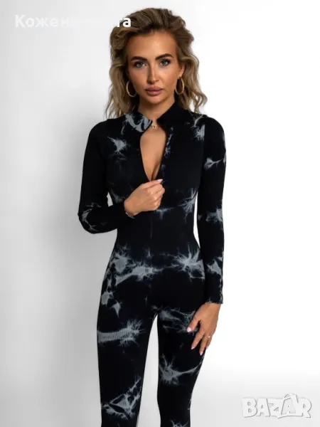 Черен гащеризон с цип и мраморен ефект, снимка 1