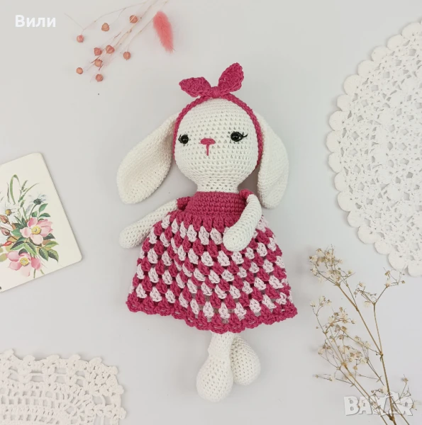 Плетено зайче, играчка ръчна изработка, подарък за момиче, зайче с рокля , снимка 1