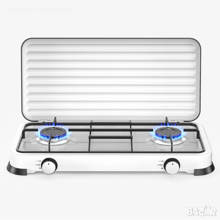 Двоен газов котлон с капак Rosberg R51454D2 2х 2.2 kWh, 30 mbar, Въглеродна стомана, Бял, снимка 1