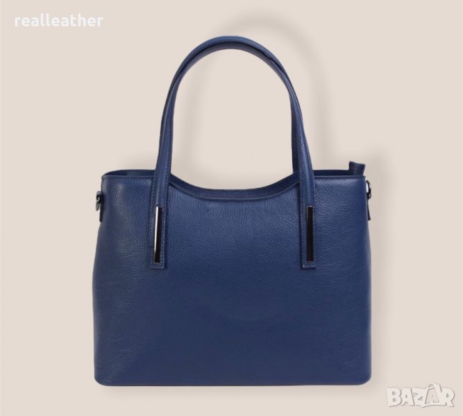 Голяма дамска чанта от естествена кожа в син цвят, снимка 1