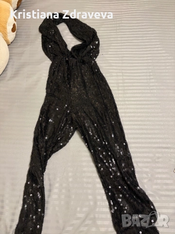 Дамски черен гащеризон с пайети