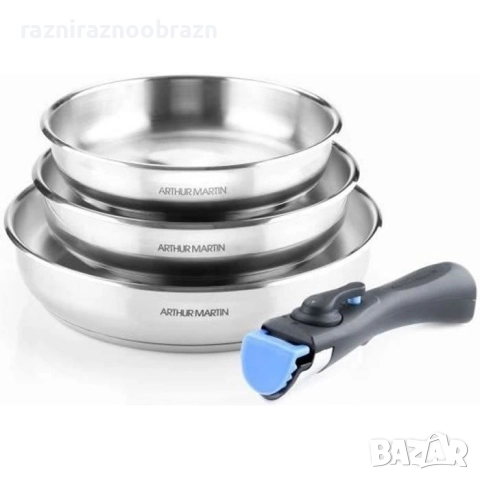 Комплект тигани Arthur Martin 4 части, с подвижна дръжка Inox 18/10