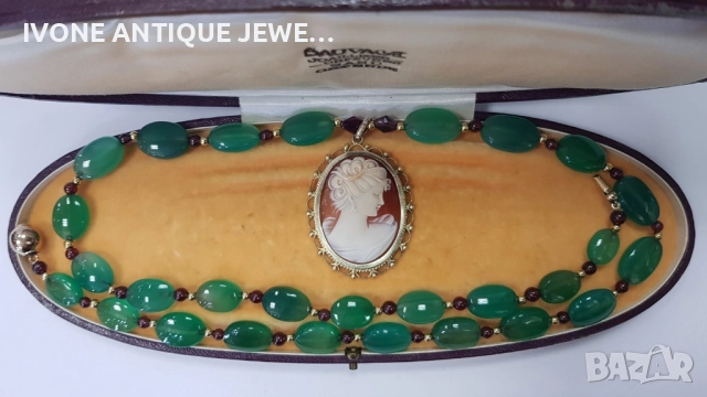 Колие от хризопраст, гранати и камея , снимка 3 - Колиета, медальони, синджири - 52794650