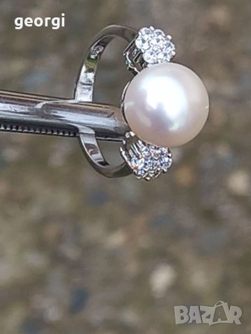 Дамски сребърен пръстен с естествена перла и цирконии, снимка 4 - Пръстени - 39338092