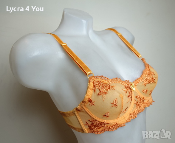 Оранжев тюлен сутиен с прозрачни чашки и бродерии 75А/В размер, снимка 2 - Бельо - 36314092