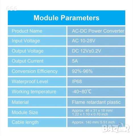 Cozevdnt AC-DC преобразувател, 10-28V AC към 12V DC, 5A, IP68, водоустойчив, черен, снимка 5 - Друга електроника - 53570382
