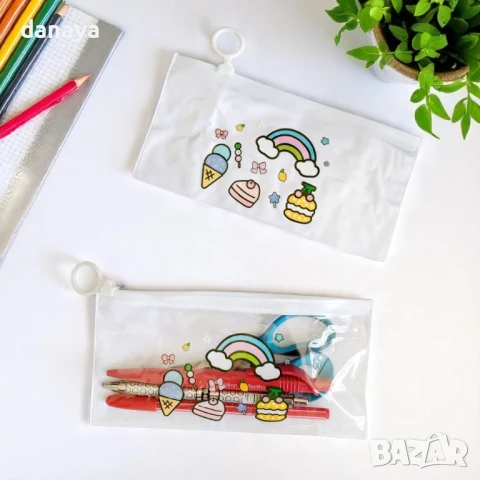 5890 Ученически несесер с прозрачна лицева страна и цветен принт, снимка 2 - Ученически пособия, канцеларски материали - 50598992
