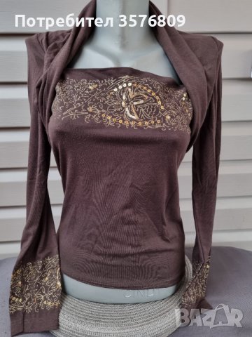 Кафява блуза трико с дълъг ръкав и златисти паети, снимка 1 - Блузи с дълъг ръкав и пуловери - 38977919