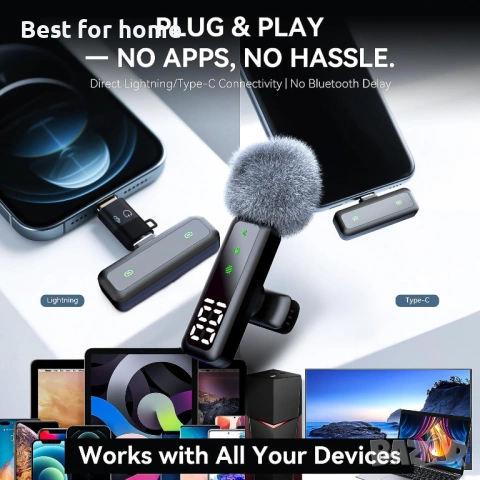 Безжичен микрофон брошка с LED дисплей – Shiny Black, 7 часа батерия, за iPhone (всички модели) и An