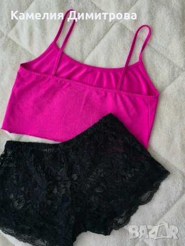 Дамски комплект за вкъщи – розов топ + черни дантелени къси гащички, снимка 4 - Комплекти - 53285591