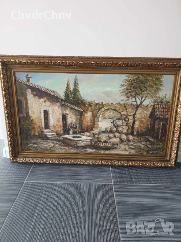 131х81см/стара голяма картина масло върху платно/къща-двор-овце-кладенец/барокова дървена рамка