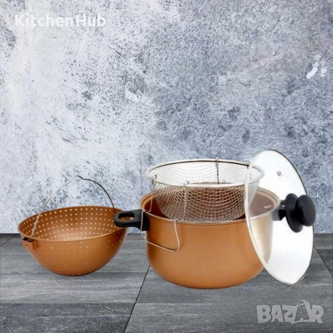 Тенджера с гевгир и кошница за пържене Voltz, 24*12.5см., Меден\въгл. стомана с незалеп. покр., снимка 2 - Съдове за готвене - 52381133