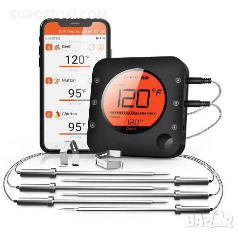 Безжичен термометър за месо BFOUR BF-5, цифров Bluetooth термометър за фурна, грил, барбекю, 6 сонди