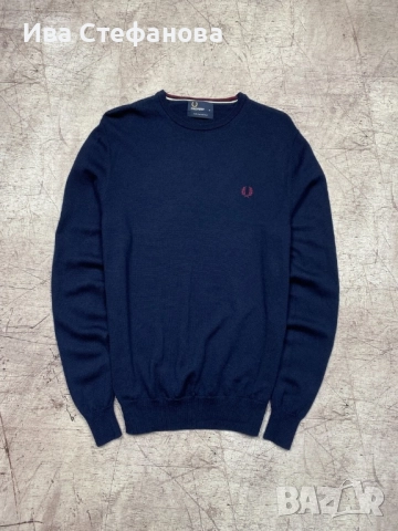 Мъжки нов елегантен пуловер с кръгло деколте Fred Perry от мериносова вълна, размер M 