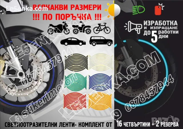 Светлоотразителни кантове ленти за джанти автомобил джип мотор АТВ светещи фолио сини