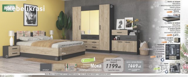 Спален комплект Мока с матрак 160/200 см, тапицирани възглавнички, огледала,плавно затваряне, антрац, снимка 2 - Спални и легла - 39798627