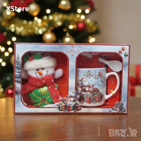 Празничен подаръчен комплект с чаша, лъжичка и снежен човек – готов за подаряване, снимка 5 - Други - 52571664