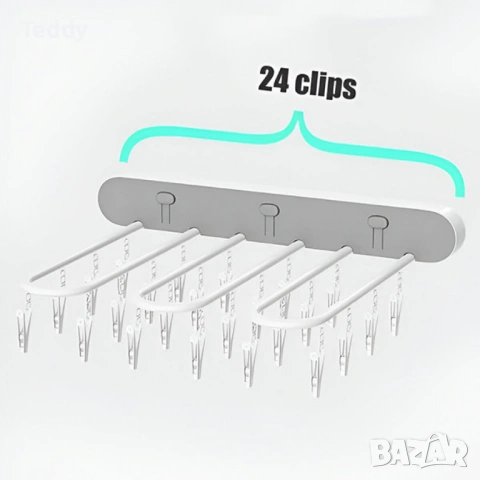 Самозалепваща се сгъваема стойка за сушене на дрехи с 24 щипки – компактно решение , снимка 4 - Други стоки за дома - 53014931