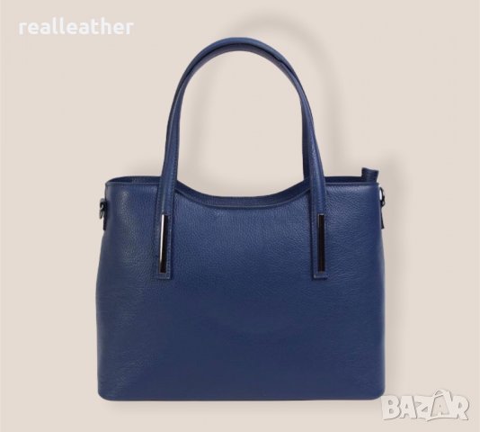 Голяма дамска чанта от естествена кожа в син цвят