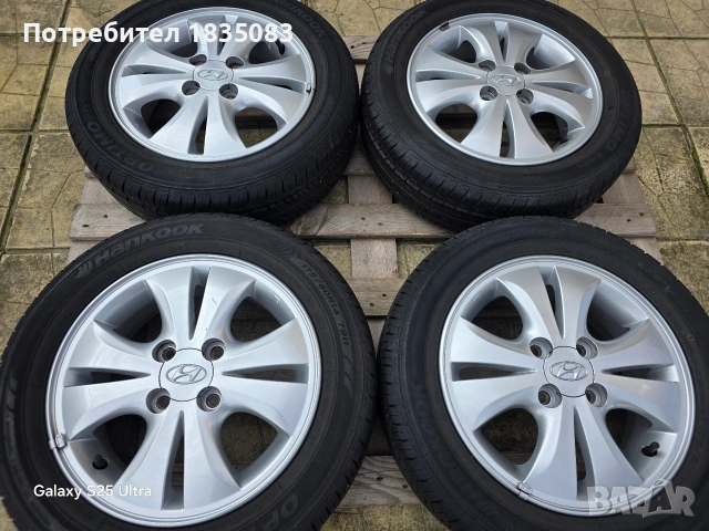 Лети джанти 14ки 4х100 Hyundai + летни гуми 175/60/14 Hankook, снимка 2 - Гуми и джанти - 53707165