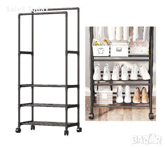 Закачалка за дрехи с колелца, 3 рафта, метални рафтове, Щендер, Дрешник, 78,5х39х165 см