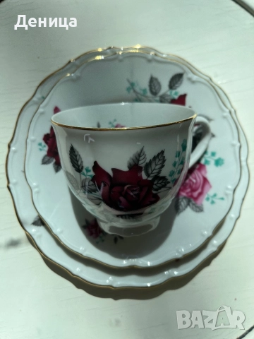 Haas & Czkek  Троен сет с нежен златен кант и релеф Винена и розова роза с ментови листенца , снимка 9 - Чаши - 51800629