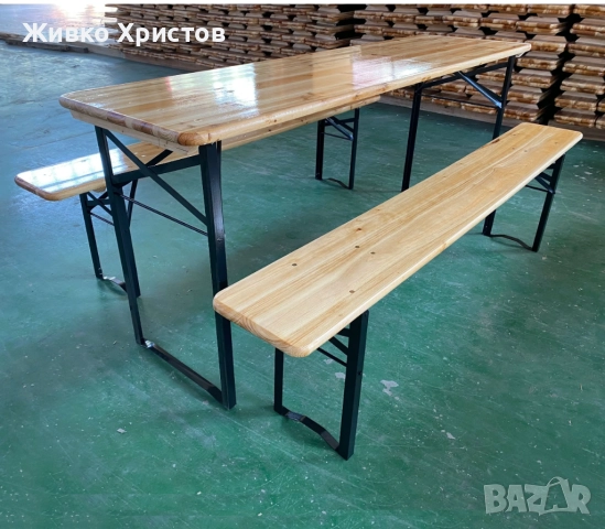 Сгъваем бирен сет маса с две пейки  , снимка 2 - Маси - 52428683
