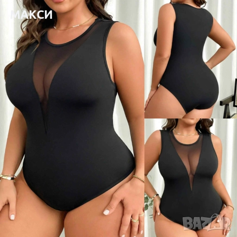 Макси силно еластично стилно боди без ръкави с прозрачна секси част в черно /тик-так закопчаване/