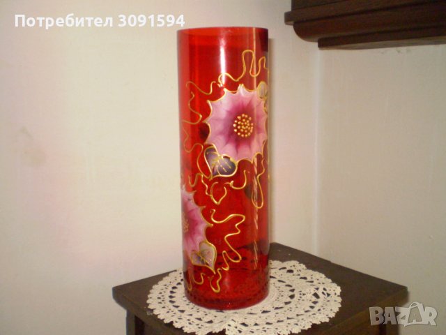Ръчно Рисувана Голяма Стъклена Червена ваза, снимка 8 - Антикварни и старинни предмети - 40485308