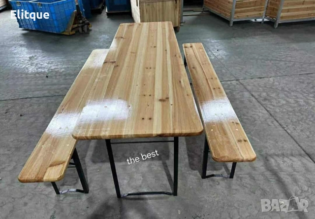 Сгъваем комплект градинска маса с 2 пейки - От чамово дърво, с отвор за чадър