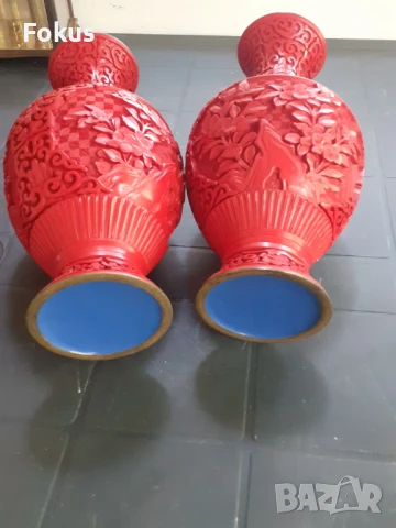 Cinnabar Laquer -чифт прелестни стари китайски вази уникални, снимка 4 - Антикварни и старинни предмети - 50929599