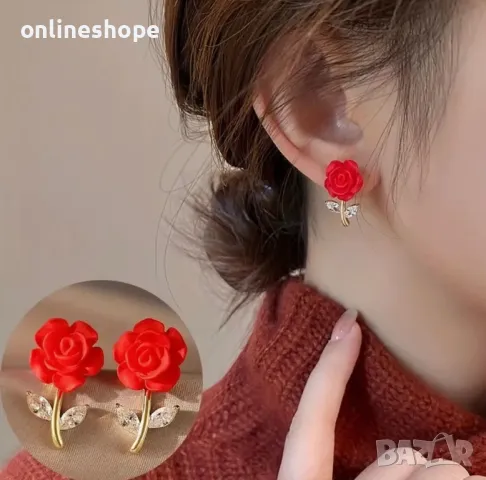 Обеци Роза с 22к златно покритие с кутия, снимка 4 - Обеци - 49663954