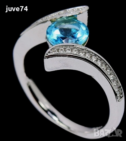 СРЕБЪРЕН ПРЪСТЕН СЪС СИН ТОПАЗ ( БРАЗИЛИЯ), снимка 2 - Пръстени - 52705253
