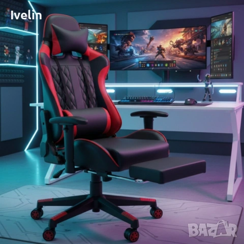 Ергономичен геймърски стол с функция за масаж и подложка за крака - червен