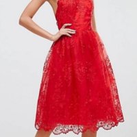 НЕВЕРОЯТНО КРАСИВА червена дантелена рокля с отворен гръб , снимка 1 - Рокли - 41451258