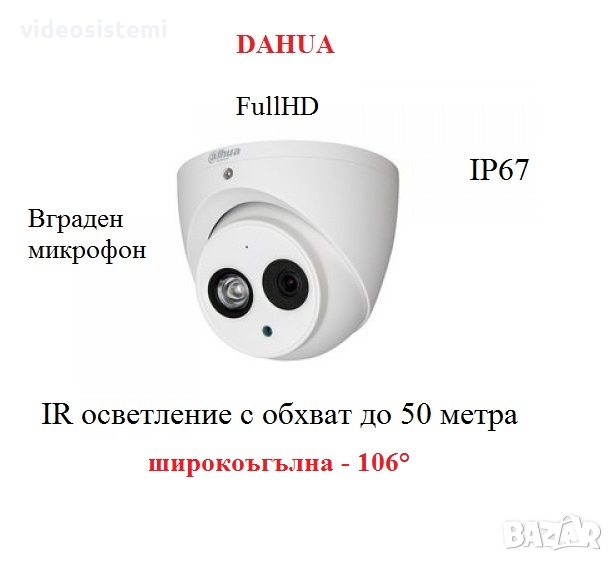 FullHD DAHUA Day Night HDCVI широкоъгълна-106° водоустойчива 4в1 куполна камера 1080P, снимка 1