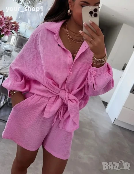 Дамски сет риза и къси панталони розово , снимка 1